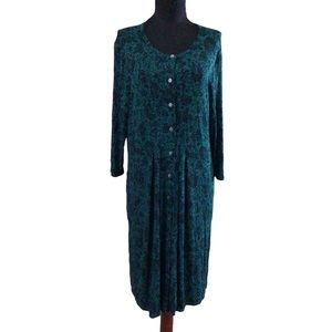 J Jill Soft Knit Green Black Floral Print 3/4 Sleeve Shift Shirt Dress NWOT